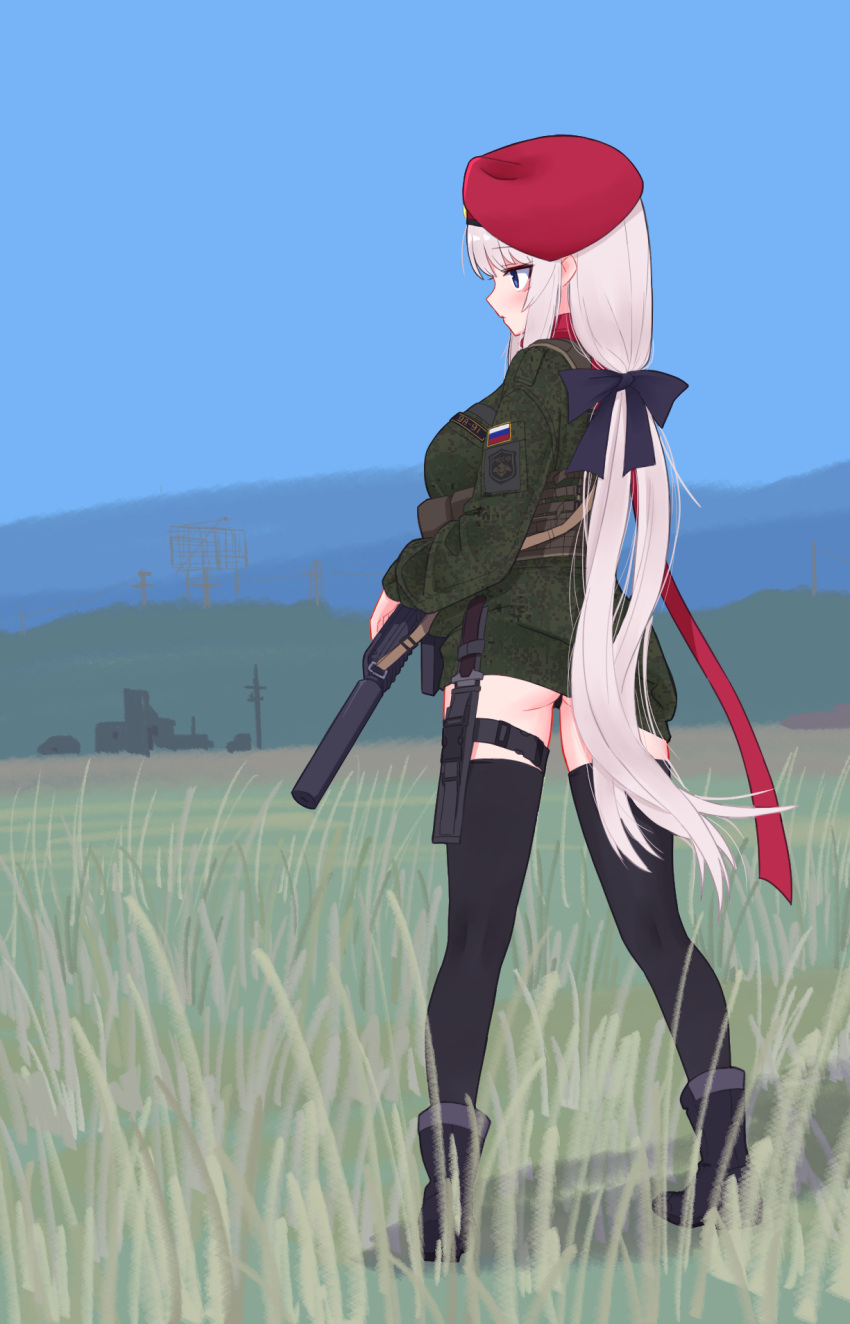 1girl 9a-91_(girls'_frontline) ass black_bow black_footwear black_legwear blue_eyes bow day girls_frontline hair_bow highres jagd long_hair looking_away outdoors red_headwear solo thigh-highs white_hair