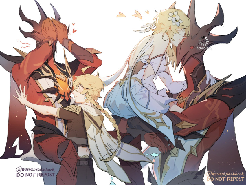 1girl 2boys abyss_lector_(genshin_impact) aether_(genshin_impact) ahoge armor armored_dress backless_outfit bangs bisexual_male blonde_hair blush braid brother_and_sister cape closed_mouth covering_face dress english_commentary feet_out_of_frame flower genshin_impact gold_trim hair_flower hair_ornament head_kiss heart hetero highres kabedon kiss kissing_forehead lifting_person long_hair looking_at_another lumine_(genshin_impact) missedflashhook multiple_boys scarf siblings simple_background single_braid sitting smile standing steam twitter_username white_background white_dress white_flower white_scarf yaoi yellow_eyes