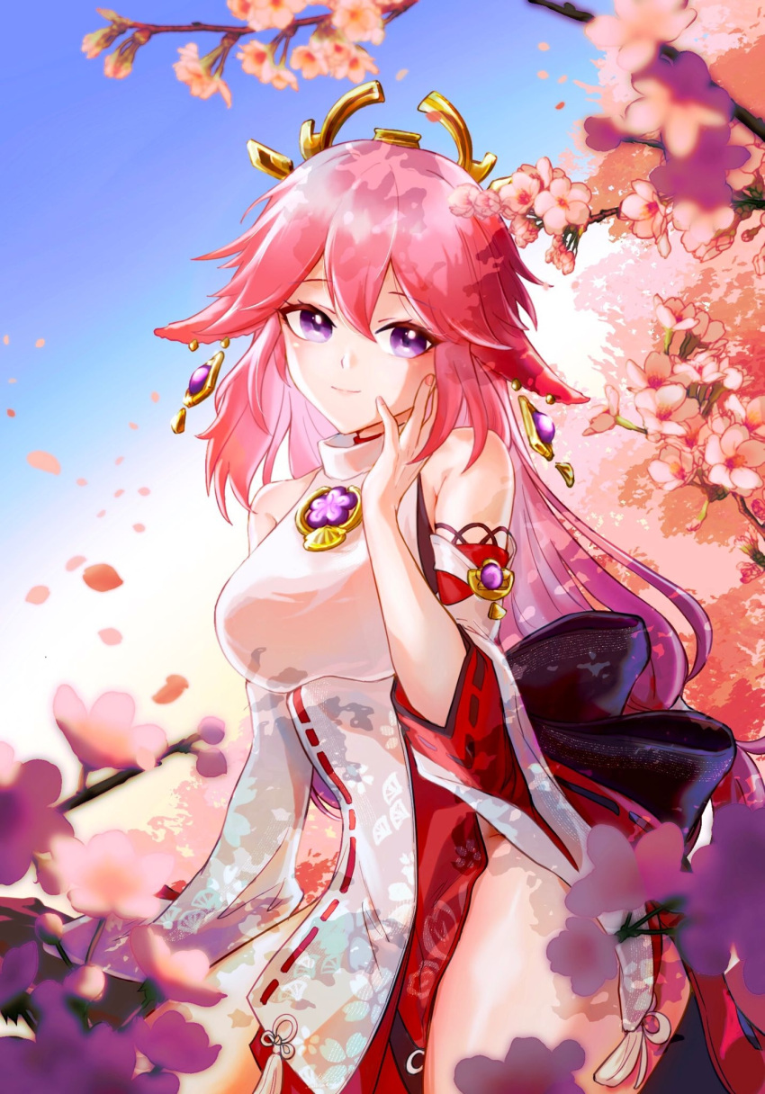 1526702701 1girl animal_ears arm_at_side arm_up bangs bare_shoulders black_nails blue_sky blush branch breasts chinese_commentary clear_sky commentary_request cowboy_shot day detached_sleeves earrings eyelashes falling_petals feet_out_of_frame flower fox_ears genshin_impact hair_between_eyes hand_on_own_face headgear highres japanese_clothes jewelry large_breasts lips long_hair long_sleeves looking_at_viewer miko nail_polish necklace obi outdoors parted_lips petals pink_flower pink_hair pink_nails priestess print_sleeves ribbon-trimmed_sleeves ribbon_trim sash shiny shiny_hair shiny_skin sky smile solo standing tassel thighs turtleneck violet_eyes yae_(genshin_impact)