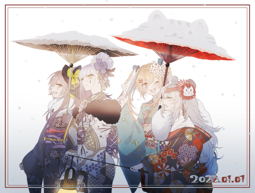 2022 404_(girls'_frontline) alternate_costume alternate_hairstyle animal_ears blush bow brown_eyes brown_hair closed_mouth dated eyebrows_visible_through_hair flower fur-trimmed_kimono fur_trim g11_(girls'_frontline) g11_(lucky_rat's_lazy_spring)_(girls'_frontline) girls_frontline green_eyes hair_bow hair_flower hair_ornament hair_ribbon hairclip hatsumoude highres hk416_(girls'_frontline) holding holding_lamp holding_mask holding_umbrella japanese_clothes kimono light_blue_hair long_hair looking_at_another looking_away mask mouse_ears multiple_girls official_alternate_costume oil-paper_umbrella one_eye_closed open_mouth rabb_horn red_eyes ribbon scar scar_across_eye silver_hair simple_background smile snow snowflakes teardrop_facial_mark teardrop_tattoo teeth twintails umbrella ump45_(girls'_frontline) ump45_(lonely_traveler_of_eternity)_(girls'_frontline) ump9_(girls'_frontline) upper_body upper_teeth