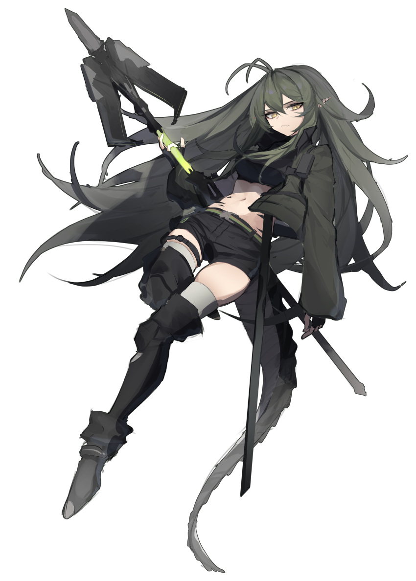 1girl absurdres antenna_hair arknights bangs belt belt_pouch black_footwear black_gloves black_legwear black_shirt black_shorts boots breasts closed_mouth crocodilian_tail crop_top crossed_bangs fingerless_gloves full_body gavial_(arknights) gavial_(combat_medic)_(arknights) gloves green_hair green_jacket hair_between_eyes highres holding holding_staff jacket long_hair long_sleeves looking_at_viewer medium_breasts navel official_alternate_costume open_clothes open_jacket oripathy_lesion_(arknights) ozeu0916 pointy_ears pouch shirt short_shorts shorts simple_background solo staff steel-toe_boots stomach tail thigh-highs thigh_boots thighhighs_under_boots thighs white_background yellow_eyes zettai_ryouiki