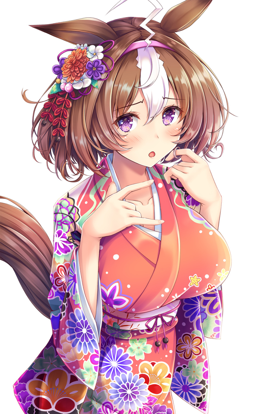1girl absurdres ahoge akashio_(loli_ace) animal_ears antennae blush breasts brown_hair eyebrows_visible_through_hair floral_print hair_between_eyes hairband highres horse_ears horse_girl horse_tail japanese_clothes kimono large_breasts leaf leaf_on_head long_sleeves meisho_doto_(umamusume) open_mouth pink_hairband pink_kimono print_kimono short_hair simple_background solo tail umamusume upper_body violet_eyes white_background white_hair wide_sleeves