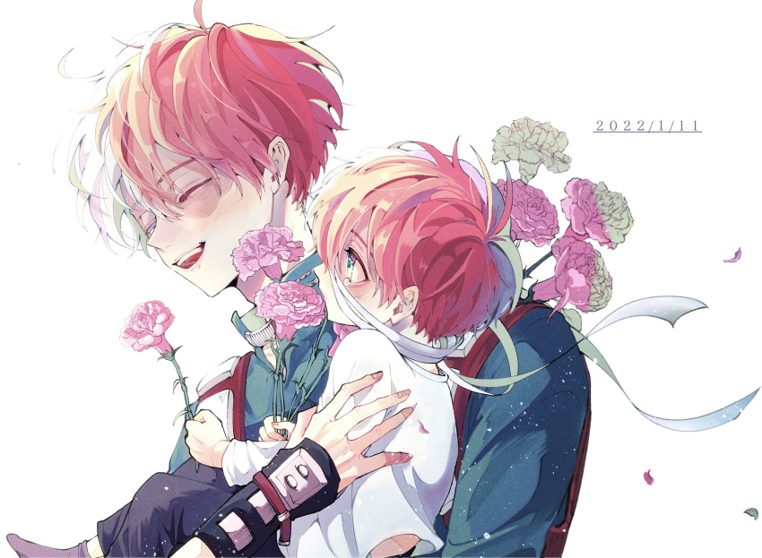 2boys ahoge bandages birthday blue_eyes boku_no_hero_academia burn_scar carnation casual costume dated dual_persona flower grin hair_between_eyes highres holding holding_flower holding_person if_they_mated light_smile long_bangs male_focus messy_hair multicolored_hair multiple_boys open_mouth r_suku redhead scar scar_on_face short_hair smile split-color_hair tears todoroki_shouto two-tone_hair white_background white_hair younger