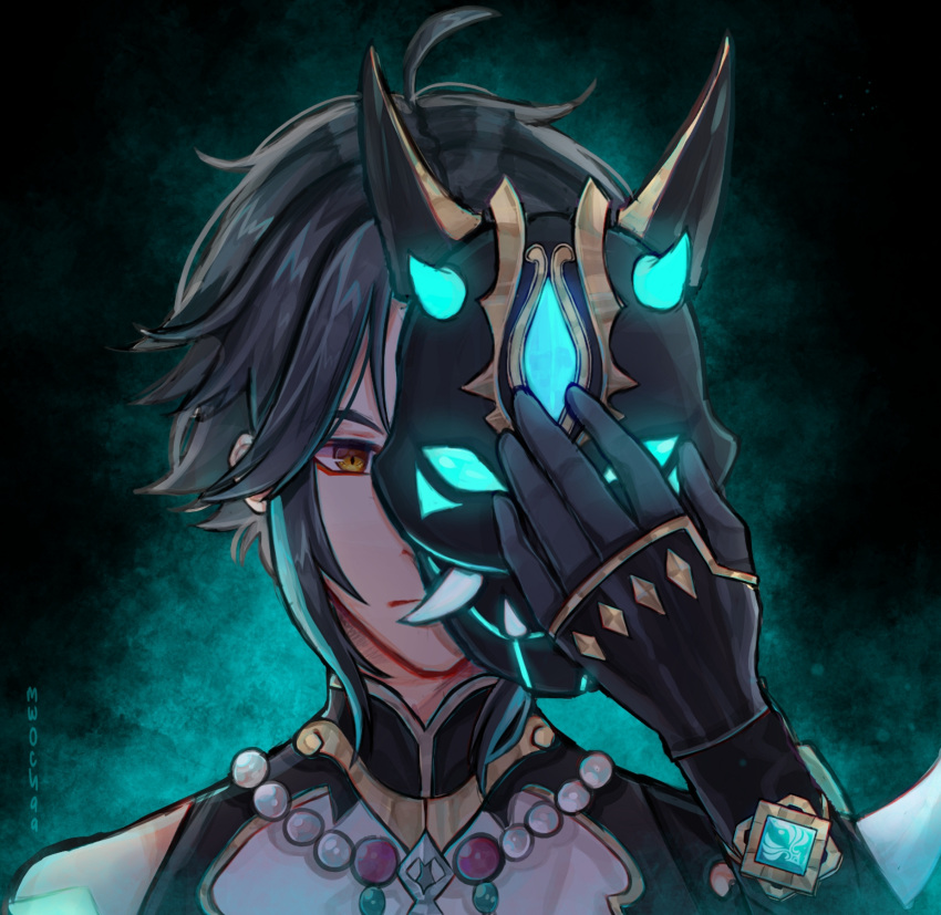 1boy artist_name aura bare_shoulders black_background black_gloves chinese_clothes close-up closed_mouth gauntlets genshin_impact gloves glowing green_hair highres holding holding_mask looking_at_viewer male_focus mask medium_hair mwochaa one_eye_covered solo xiao_(genshin_impact) yellow_eyes