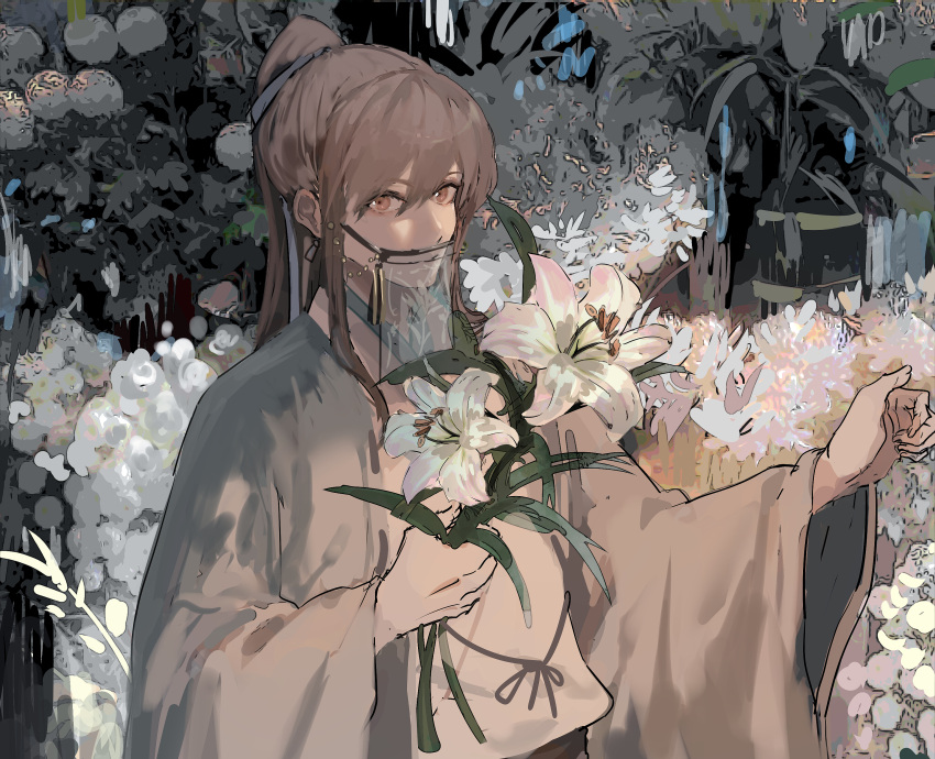 1girl absurdres bangs brown_eyes brown_hair closed_mouth flower hair_between_eyes highres holding holding_flower japanese_clothes kimono long_hair long_sleeves looking_at_viewer ori_(momonimo) original ponytail see-through solo upper_body veil white_flower white_kimono wide_sleeves
