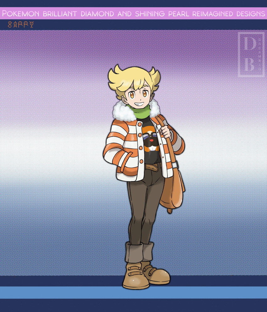 1boy adapted_costume bag bangs barry_(pokemon) bidoof blonde_hair brown_bag brown_footwear brown_pants buttons character_print commentary copyright_name dreambig fur-trimmed_jacket fur_trim green_scarf grin hand_in_pocket highres holding_strap jacket male_focus messenger_bag open_clothes open_jacket orange_eyes pants pokemon pokemon_(game) pokemon_bdsp scarf shirt shoes short_hair shoulder_bag smile standing teeth