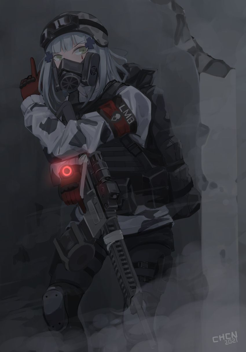 1girl armor artist_name assault_rifle backpack bag bangs black_pants blue_hair camouflage camouflage_helmet camouflage_jacket chcn eyebrows_visible_through_hair eyewear_on_head feet_out_of_frame girls_frontline gloves green_eyes gun h&amp;k_hk416 hair_ornament hairclip helmet highres hk416_(fang)_(girls'_frontline) hk416_(girls'_frontline) holding holding_gun holding_weapon index_finger_raised jacket knee_pads long_hair looking_at_viewer mask official_alternate_costume pants red_gloves rifle safety_glasses solo standing tactical_clothes teardrop_facial_mark teardrop_tattoo tom_clancy's_the_division uniform weapon white_jacket