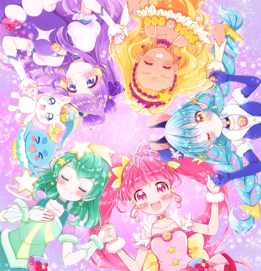 5girls :d amamiya_erena animal_ears back_bow blonde_hair blue_choker blue_gloves blue_hair blue_nails blush bow braid brooch cat_ears choker circle_formation closed_eyes collarbone copyright_name creature crescent crescent_earrings cure_cosmo cure_milky cure_selene cure_soleil cure_star earrings elbow_gloves extra_ears facing_viewer fingernails fuwa_(precure) gloves grin hagoromo_lala hair_ornament hair_tubes hat hat_ornament highres holding_hands hoshina_hikaru jewelry kaguya_madoka kuzumochi long_hair looking_at_viewer magical_girl medium_hair mini_hat mini_top_hat multicolored_hair multiple_girls one_eye_closed open_mouth orange_nails pink_choker pink_eyes pink_hair pouch precure prunce_(precure) puffy_sleeves purple_background purple_hair purple_nails see-through_sleeves shiny shiny_hair sidelocks smile star_(symbol) star_choker star_hair_ornament star_hat_ornament star_twinkle_precure tan top_hat twin_braids twintails two-tone_hair violet_eyes yellow_bow yellow_eyes yuni_(precure)