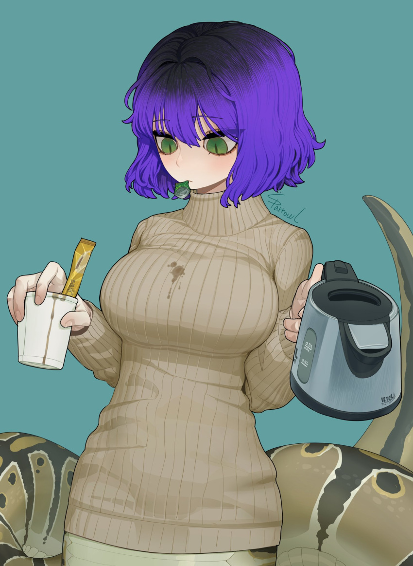 1girl artist_name black_hair blush breasts commentary cup english_commentary eyebrows_visible_through_hair fingernails green_eyes hair_between_eyes highres kettle lamia large_breasts monster_girl multicolored_hair original purple_hair scales short_hair slit_pupils solo sparrowl spill sweater turtleneck turtleneck_sweater