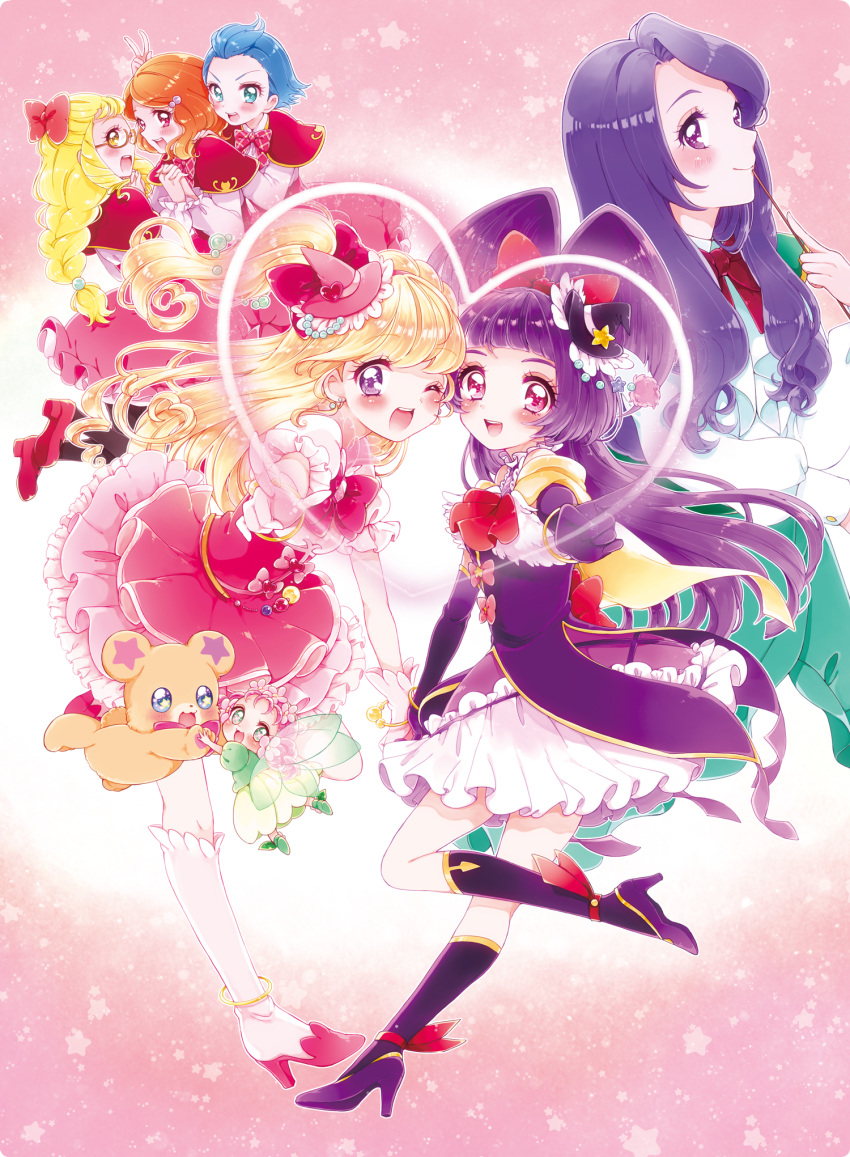 6+girls :d ;d asahina_mirai back_bow black_footwear black_gloves black_headwear blonde_hair blouse blue_eyes blue_hair blush boots bow bowtie bracelet brooch brown_hair capelet closed_mouth cure_magical cure_miracle dress elbow_gloves emily_(mahou_girls_precure!) fairy_wings frilled_skirt frills glasses gloves green_wings ha-chan_(mahou_girls_precure!) hair_bow hat hat_ornament heart heart_hat_ornament highres izayoi_liko jewelry jun_(mahou_girls_precure!) kei_(mahou_girls_precure!) knee_boots kuzumochi liz_(mahou_girls_precure!) long_hair looking_at_viewer magic_school_uniform magical_girl mahou_girls_precure! mini_hat mini_witch_hat mofurun_(mahou_girls_precure!) multiple_girls one_eye_closed open_mouth pantyhose pink_background pink_dress pink_footwear pink_hair pink_headwear pink_skirt plaid plaid_bow precure purple_hair purple_skirt red_bow red_capelet red_eyes school_uniform shiny shiny_hair shoes short_hair side_ponytail skirt smile star_(symbol) star_hat_ornament stuffed_animal stuffed_toy teddy_bear violet_eyes white_blouse white_footwear white_gloves wings witch_hat yellow_eyes