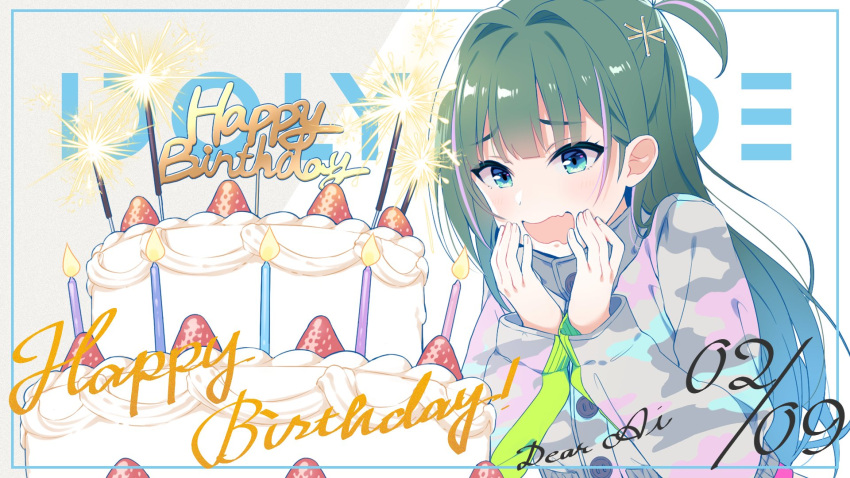 1girl birthday birthday_cake blue_eyes breasts cake food fruit green_hair happy_birthday highres idoly_pride komiyama_ai long_hair looking_at_viewer official_art open_mouth qp:flapper solo strawberry