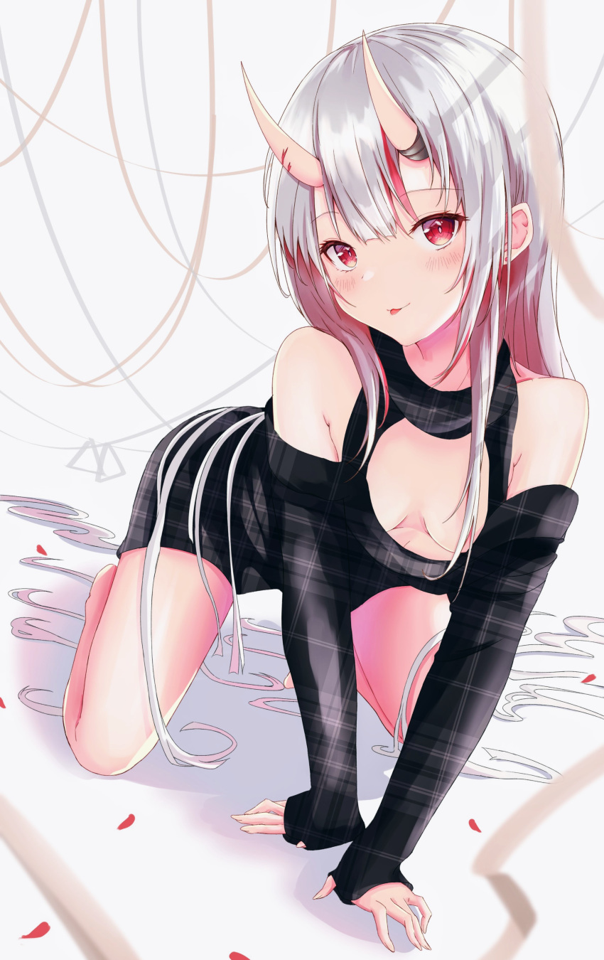 1girl absurdres all_fours arm_support armpit_crease bangs bare_shoulders barefoot black_dress blurry blurry_foreground blush breast_cutout breasts clothing_cutout commentary_request depth_of_field dress earrings eyebrows_visible_through_hair highres hololive horns jewelry long_hair long_sleeves looking_at_viewer medium_breasts mihanada_kasumi multicolored_hair nakiri_ayame oni oni_horns petals plaid red_eyes redhead shoulder_cutout silver_hair simple_background sleeves_past_wrists smile solo streaked_hair streamers thighs tongue tongue_out virtual_youtuber