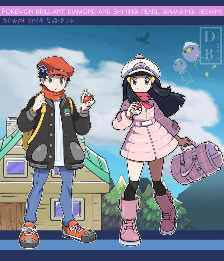 1boy 1girl :o alternate_costume backpack bag black_hair black_legwear boots buttons closed_mouth clouds commentary copyright_name day dreambig drifloon duffel_bag eyelashes floating_hair full_body grey_eyes hair_ornament hairclip hand_up hat highres hikari_(pokemon) holding holding_poke_ball long_hair lucas_(pokemon) orange_headwear orange_scarf outdoors outline over-kneehighs pants pink_bag pink_coat poke_ball poke_ball_(basic) pokemon pokemon_(creature) pokemon_(game) pokemon_bdsp scarf shoes short_hair sidelocks sky smile standing sweater thigh-highs watermark white_headwear yellow_bag