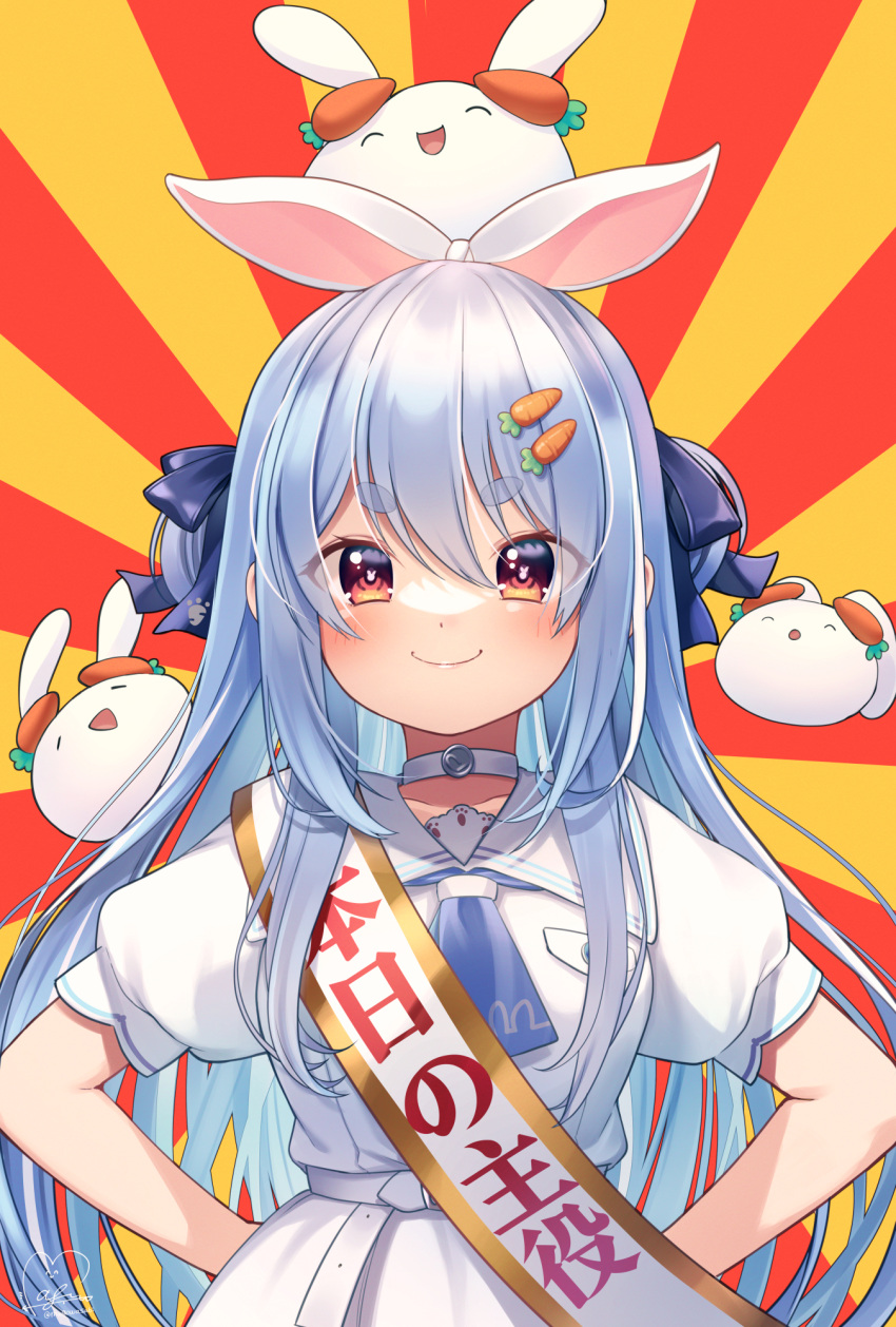 1girl bangs belt blue_hair blue_ribbon blush bunny-shaped_pupils carrot_hair_ornament choker closed_mouth commentary_request creature_on_head dress eyebrows_visible_through_hair eyes_visible_through_hair food-themed_hair_ornament hair_between_eyes hair_ornament hair_ribbon highres hololive long_hair looking_at_viewer magowasabi neckerchief nousagi_(usada_pekora) puffy_short_sleeves puffy_sleeves red_eyes ribbon sailor_collar short_sleeves shoulder_sash signature simple_background smile solo symbol-shaped_pupils translation_request twitter_username two_side_up upper_body usada_pekora virtual_youtuber white_belt white_choker white_dress white_neckerchief white_sailor_collar