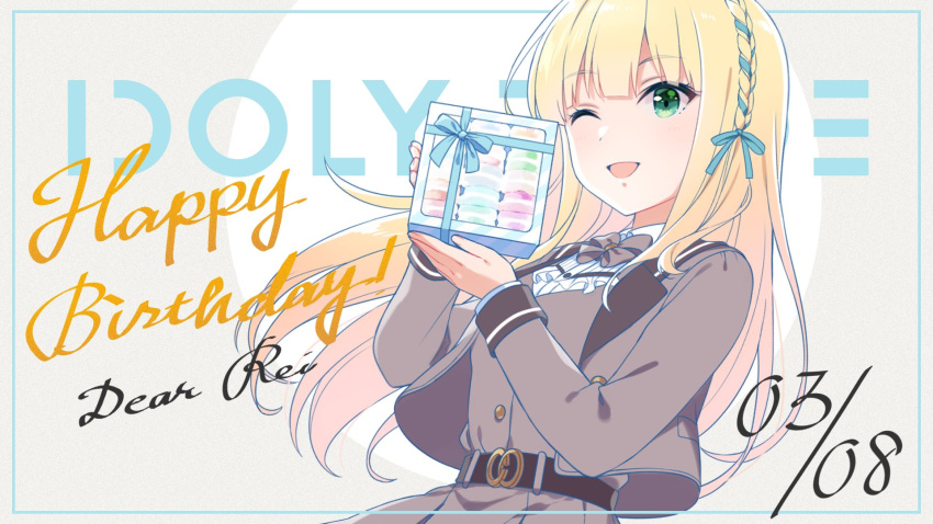 1girl bangs birthday blonde_hair bow braid checkerboard_cookie cookie eyebrows_visible_through_hair food green_eyes happy_birthday highres ichinose_rei idoly_pride long_hair looking_at_viewer macaron official_art one_eye_closed open_mouth pastry qp:flapper smile solo sweets