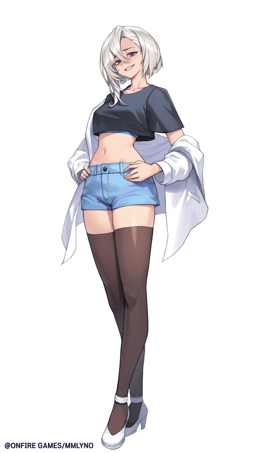 1girl absurdres black_shirt blue_shorts breasts brown_legwear collarbone crop_top crop_top_overhang crossed_legs denim denim_shorts full_body grin hands_on_hips high_heels highres jacket long_sleeves looking_at_viewer medium_breasts midriff navel off_shoulder official_art open_clothes open_jacket original osuti shirt short_hair short_shorts short_sleeves shorts simple_background smile solo standing stomach thigh-highs thighs violet_eyes watson_cross white_background white_footwear white_hair white_jacket