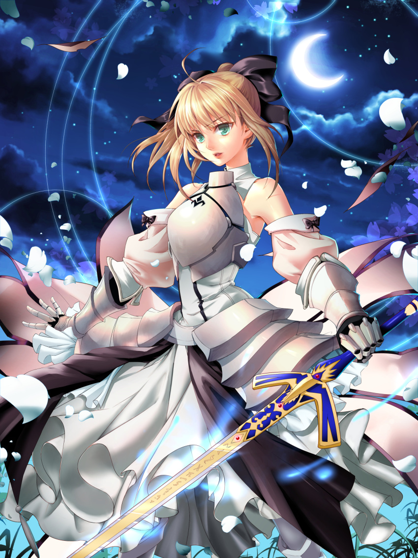 1girl armor armored_dress artoria_pendragon_(all) black_bow blonde_hair bow breastplate caliburn dress eyebrows_visible_through_hair fate/grand_order fate/unlimited_codes fate_(series) faulds floating_hair gauntlets green_eyes hair_between_eyes hair_bow hands_on_hilt highres long_hair looking_at_viewer outdoors petals ponytail saber_lily signature sleeveless sleeveless_dress solo song_cl standing white_dress
