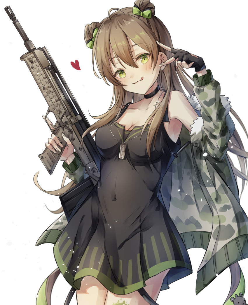 1girl bangs black_choker black_gloves black_shirt blush bow breasts brown_hair bullpup camouflage camouflage_jacket choker closed_mouth collarbone covered_navel double_bun eyebrows_visible_through_hair feet_out_of_frame fingerless_gloves fur-trimmed_jacket fur_trim girls_frontline gloves green_eyes gun hair_bow heart heart_print highres holding holding_gun holding_weapon jacket jacket_pull jewelry kel-tec_rfb kogarashi_kon licking_lips long_hair looking_at_viewer medium_breasts necklace open_clothes open_jacket rfb_(girls'_frontline) rifle shirt smile solo standing tongue tongue_out weapon white_background