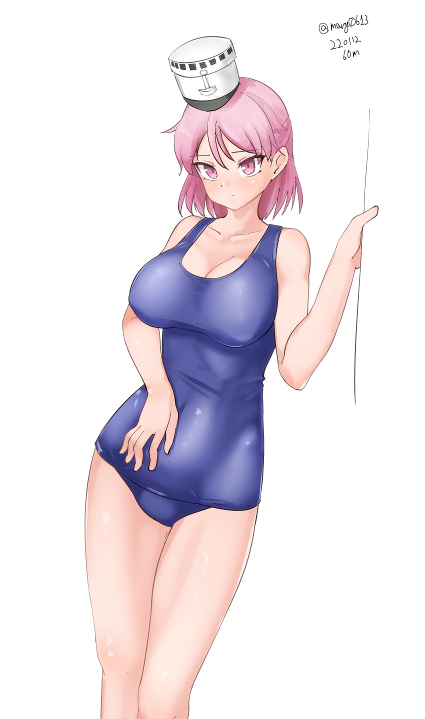 1girl absurdres blue_swimsuit breasts cowboy_shot dated giuseppe_garibaldi_(kancolle) hat highres kantai_collection large_breasts maru_(marg0613) mini_hat pink_eyes pink_hair school_swimsuit short_hair simple_background solo standing swimsuit twitter_username white_background