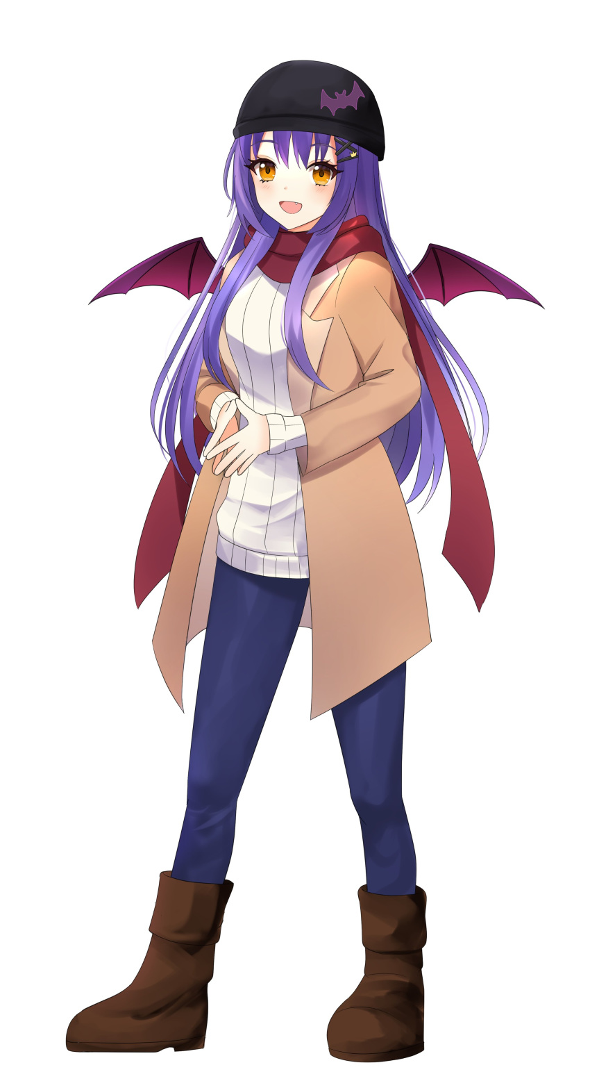 1girl absurdres bat_girl bat_wings beanie black_headwear blue_pants blush boots breasts brown_coat brown_footwear coat commentary english_commentary fang fingers_together full_body hair_ornament hat highres long_hair medium_breasts open_mouth pants purple_hair red_scarf scarf shinhrofficer simple_background smile solo standing sweater tsunderia virtual_youtuber white_background white_sweater wings x_hair_ornament yazaki_kallin yellow_eyes