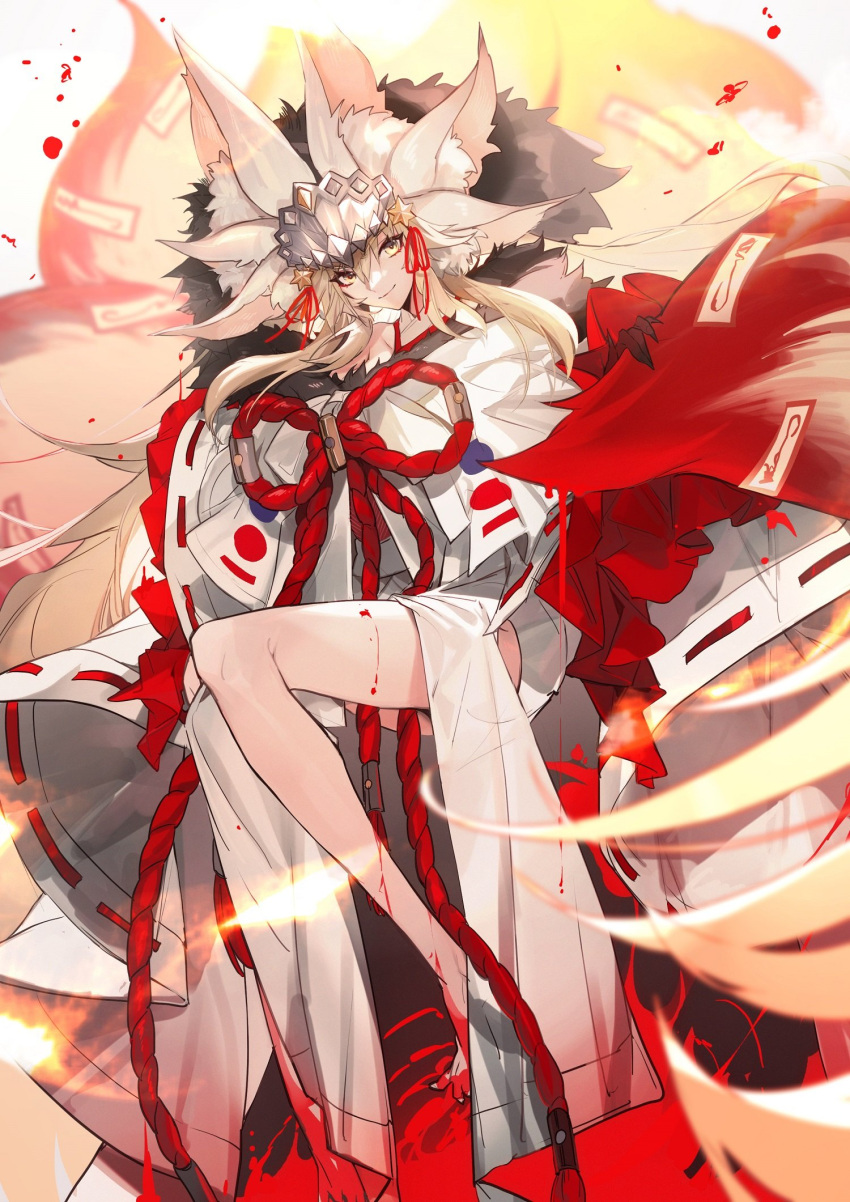 1girl animal_ear_fluff animal_ears bangs beast_iv:l blonde_hair blood blood_on_feet blood_on_leg bow closed_mouth crown dripping extra_ears fate/grand_order fate_(series) fingernails fire floating fox_ears fox_girl fox_tail fur-trimmed_kimono fur_trim hair_between_eyes hair_bow hair_ribbon highres japanese_clothes kimono kitsune koyanskaya_(fate) long_hair long_sleeves looking_at_viewer multiple_tails no-kan red_bow red_ribbon ribbon rope sharp_fingernails shimenawa sidelocks smile solo tail talisman tamamo_(fate) thighs very_long_hair white_kimono wide_sleeves yellow_eyes