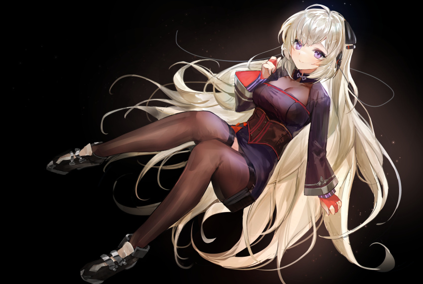 1girl absurdres bangs black_footwear black_legwear blonde_hair boots breasts closed_mouth commission dress eyebrows_visible_through_hair g3_(girls'_frontline) girls_frontline gloves hair_ornament hairclip headphones highres legs long_hair looking_at_viewer lying medium_breasts moko_(moko/moko) on_back partially_fingerless_gloves pixiv_request purple_dress red_gloves simple_background smile solo thigh-highs thighs violet_eyes