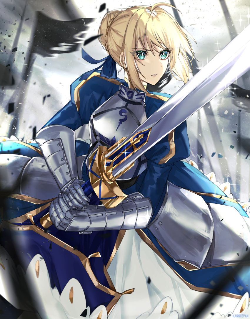 1girl ahoge artoria_pendragon_(all) blonde_hair blue_ribbon breasts cleavage_cutout clothing_cutout fate/grand_order fate/stay_night fate_(series) green_eyes hair_bun hair_ribbon holding holding_weapon juliet_sleeves kanniiepan long_sleeves medium_breasts puffy_sleeves ribbon saber solo sword weapon