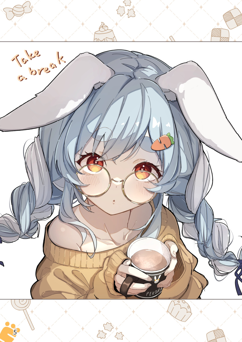 1girl :o absurdres animal_ear_fluff animal_ears bangs bare_shoulders blue_hair blue_ribbon braid brat brown_sweater carrot_hair_ornament character_name collarbone crying cup english_text eyebrows_visible_through_hair food-themed_hair_ornament glasses hair_ornament hair_ribbon highres holding holding_cup hololive long_hair long_sleeves looking_at_viewer mug multicolored_hair non-web_source off-shoulder_sweater off_shoulder page_number parted_lips rabbit_ears red_eyes ribbon short_eyebrows simple_background sleeves_past_wrists solo streaming_tears sweater tears thick_eyebrows twin_braids twintails two-tone_hair upper_body usada_pekora virtual_youtuber white_background white_hair