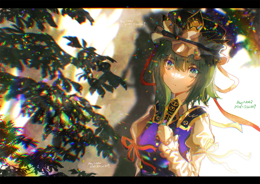 1girl asymmetrical_hair bangs black_headwear blouse blue_eyes blue_vest breasts chromatic_aberration closed_mouth commentary dappled_sunlight expressionless frilled_hat frills green_hair hair_between_eyes hat holding letterboxed long_sleeves looking_at_viewer medium_hair moenoki rod_of_remorse shiki_eiki small_breasts solo sunlight touhou tree upper_body vest white_blouse