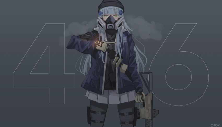 1girl absurdres agent_416_(girls'_frontline) assault_rifle bangs black_headwear black_legwear blue_hair blue_jacket brown_gloves character_name chcn eyebrows_visible_through_hair feet_out_of_frame girls_frontline gloves green_eyes gun h&amp;k_hk416 hair_ornament hairclip highres hk416_(girls'_frontline) holding holding_gun holding_weapon jacket long_hair looking_at_viewer mask official_alternate_costume pantyhose rifle skirt solo standing teardrop_facial_mark teardrop_tattoo tom_clancy's_the_division weapon white_skirt