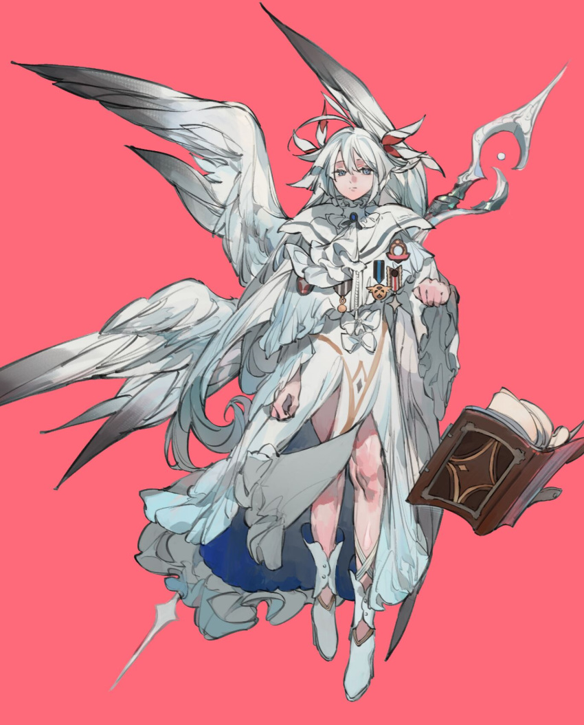book chocolate_(jitong) feathered_wings full_body grey_eyes highres looking_at_viewer medal original pink_background staff white_footwear white_hair white_wings wings