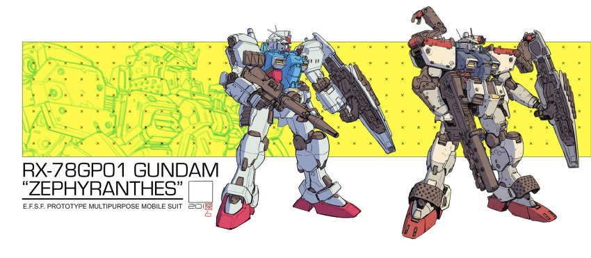 beam_rifle character_name chinese_commentary energy_gun green_eyes gun gundam gundam_0083 gundam_gp-01_zephyranthes highres holding holding_gun holding_shield holding_weapon mecha mobile_suit no_humans red_ace redesign science_fiction shield v-fin variations weapon