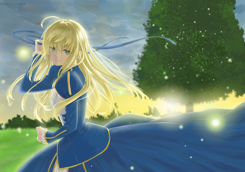 1girl absurdres ahoge artoria_pendragon_(fate) bangs blonde_hair blue_dress blue_ribbon blush closed_mouth clothing_cutout clouds dress eyebrows_visible_through_hair fate/grand_order fate/stay_night fate_(series) green_eyes hair_between_eyes hair_ribbon highres juliet_sleeves long_sleeves looking_at_viewer misswheelchair outdoors puffy_sleeves saber short_hair sidelocks smile solo upper_body