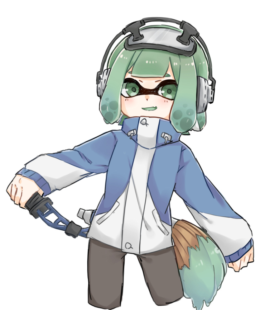 1girl akr_tmr blush colored_tongue fang green_eyes green_hair green_tongue headphones highres inkling long_sleeves looking_at_viewer parted_lips short_hair skin_fang smile solo splatoon_(series) tentacle_hair tongue