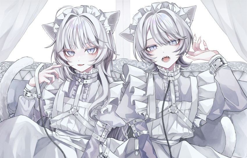 1boy 1girl 402_(o0_xxx) absurdres alternate_costume androgynous animal_ears blue_eyes cat_boy cat_ears cat_girl cat_tail chain collar enmaided grey_eyes highres leash long_hair maid original pale_skin short_hair siblings tail twins white_hair white_theme