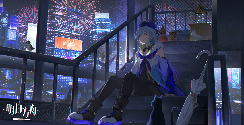 1boy absurdres androgynous arknights bird blue_hair building city city_lights cityscape fireworks hat highres jintian_ye_yao_404_le_ne looking_to_the_side mizuki_(arknights) pale_skin sitting sitting_on_stairs skyscraper stairs violet_eyes