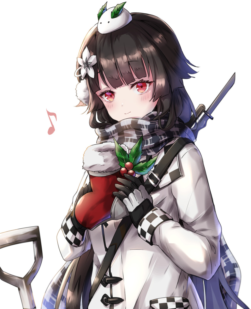 1girl bangs black_hair blush closed_mouth coat eyebrows_visible_through_hair flower gift girls_frontline gun hair_flower hair_ornament highres holding holding_gift jacket kogarashi_kon long_hair looking_at_viewer musical_note musical_note_print official_alternate_costume plaid plaid_scarf red_eyes rifle_on_back scarf solo submachine_gun type_100 type_100_(girls'_frontline) type_100_(treasure_buried_deep_within)_(girls'_frontline) upper_body weapon white_coat white_jacket