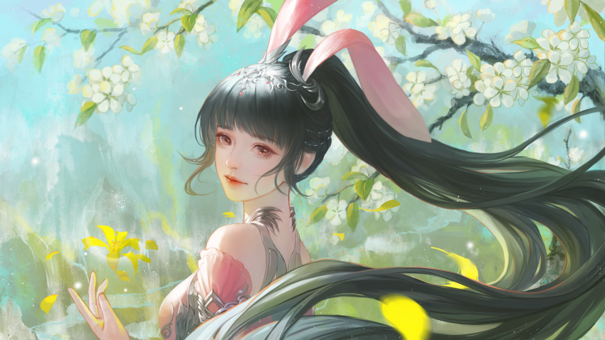 1girl animal_ears bare_shoulders branch brown_hair douluo_dalu douluo_dalu_xiaowu_zhuye dress flower highres leaf pink_dress ponytail rabbit_ears sideways_glance smile xiao_wu_(douluo_dalu)