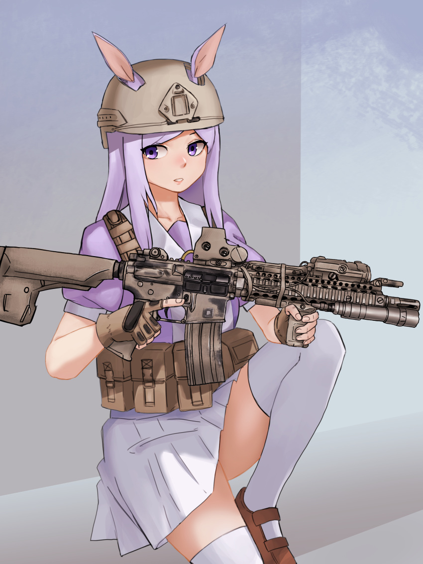 1girl absurdres ammunition_pouch animal_ears assault_rifle bangs brown_footwear brown_headwear camouflage fingerless_gloves gloves gun h&amp;k_hk416 hat helmet highres holding holding_weapon horse_ears horse_girl kneehighs leg_up long_hair looking_to_the_side mejiro_mcqueen_(umamusume) military military_hat military_uniform open_mouth pouch purple_hair purple_shirt rifle sharpy_(kdy000913) shirt shoes short_sleeves sitting skirt solo teeth trigger_discipline umamusume uniform violet_eyes weapon white_legwear white_skirt