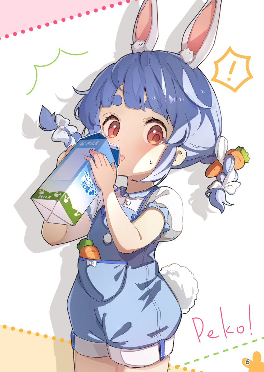 1girl ? absurdres animal_ear_fluff animal_ears bangs blue_hair blush bow braid brat brown_eyes carrot_hair_ornament collared_shirt cropped_legs dress_shirt eyebrows_visible_through_hair food-themed_hair_ornament hair_bow hair_ornament hands_up highres holding hololive looking_at_viewer milk_carton multicolored_hair non-web_source open_mouth overall_shorts overalls page_number puffy_short_sleeves puffy_sleeves rabbit_ears rabbit_girl rabbit_tail shirt short_eyebrows short_sleeves simple_background solo sweat tail thick_eyebrows twin_braids twintails two-tone_hair usada_pekora virtual_youtuber white_background white_bow white_hair white_shirt younger
