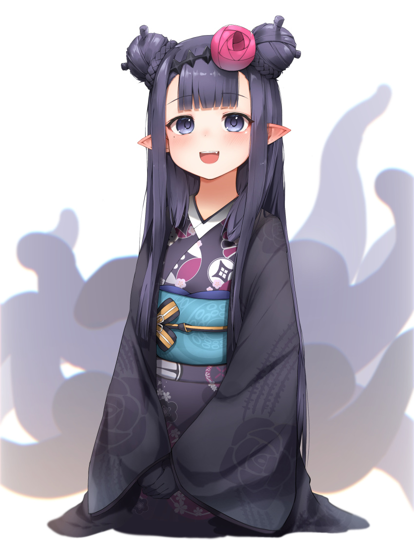 1girl :d absurdres bangs black_gloves black_hair black_kimono blunt_bangs blush braid commentary_request eyebrows_visible_through_hair gloves hair_ornament highres hololive hololive_english japanese_clothes kimono kneeling long_hair long_sleeves looking_at_viewer mole mole_under_eye ninomae_ina'nis obi own_hands_together pepushi_drow print_kimono sash smile solo teeth tiara upper_teeth very_long_hair violet_eyes white_background wide_sleeves