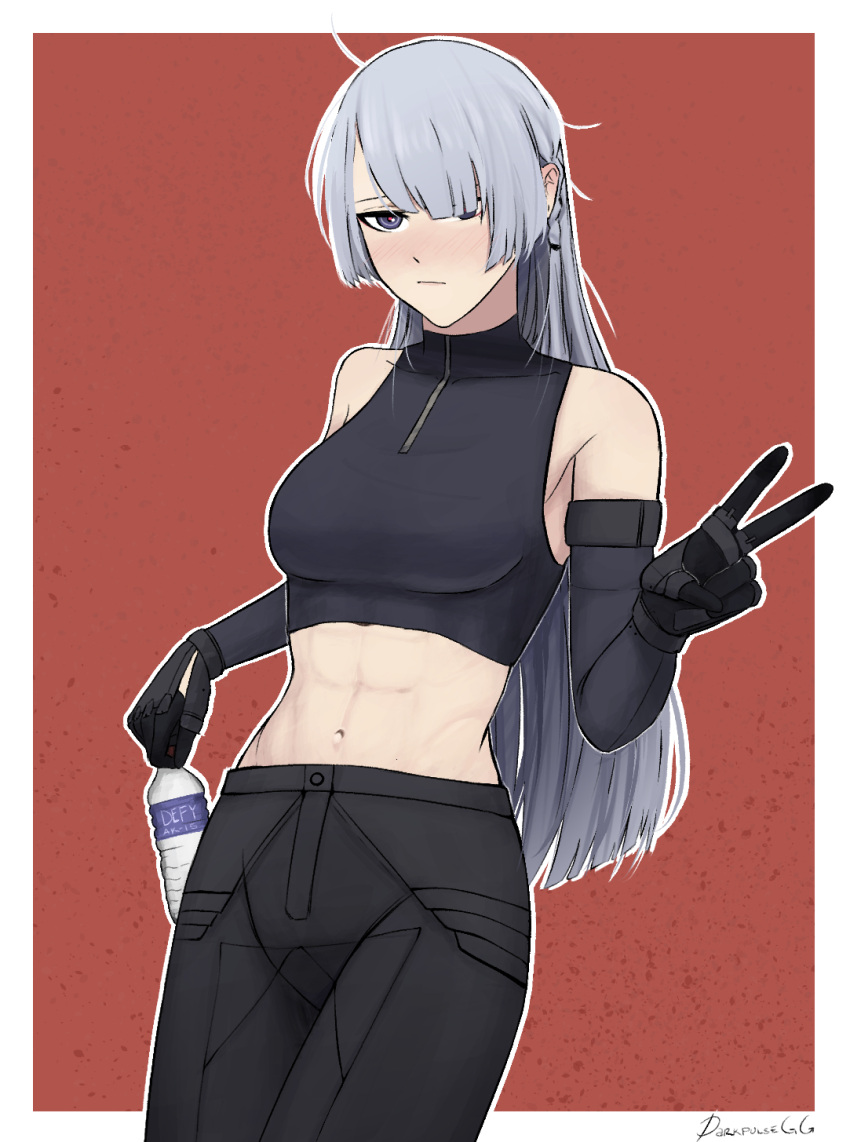 1girl abs ak-15_(girls'_frontline) artist_name bangs black_gloves black_pants black_tank_top blush bottle breasts closed_mouth crop_top darkpulsegg elbow_gloves eyebrows_visible_through_hair feet_out_of_frame girls_frontline gloves hair_between_eyes hair_over_one_eye highres holding holding_bottle leaning_back long_hair looking_at_viewer medium_breasts navel pants silver_hair simple_background solo standing tank_top v violet_eyes water_bottle