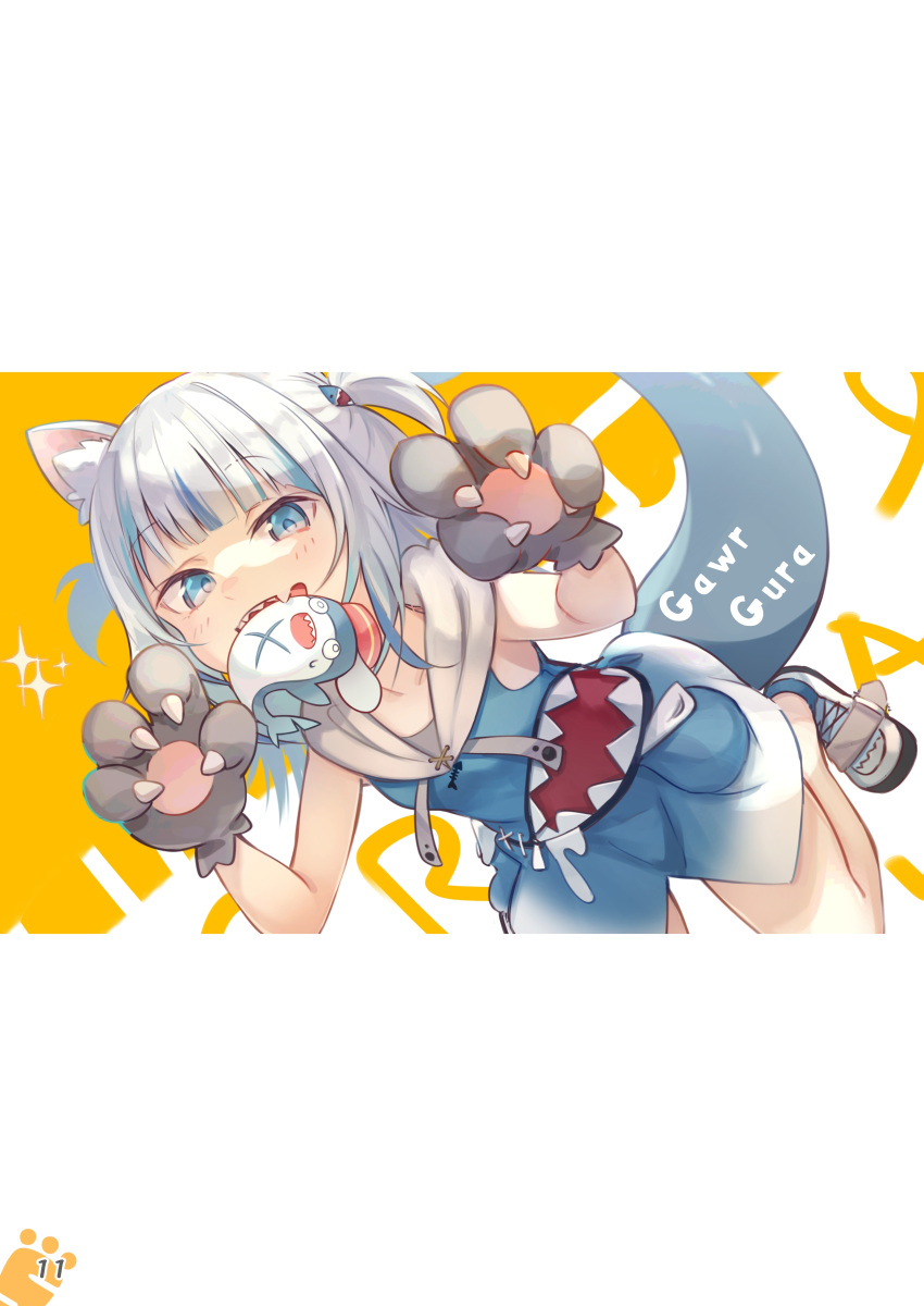 1girl absurdres animal_ear_fluff animal_ears animal_hands bangs bare_arms bloop_(gawr_gura) blue_eyes blue_hair blue_hoodie blush brat cat_ears character_name eyebrows_visible_through_hair fang fish_tail gawr_gura gloves hair_ornament hands_up highres hololive hololive_english hood hoodie looking_at_viewer mouth_hold multicolored_hair non-web_source open_mouth page_number paw_gloves shark_hair_ornament shark_tail shoes silver_hair skin_fang solo streaked_hair tail two_side_up virtual_youtuber