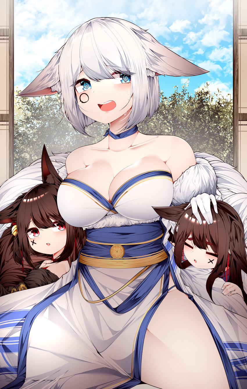 3girls @_@ absurdres akagi-chan_(azur_lane) amagi-chan_(azur_lane) animal_ear_fluff animal_ears azur_lane bangs bare_shoulders blue_eyes blue_ribbon blue_sky breasts brown_hair choker closed_eyes clouds eyebrows_visible_through_hair facepaint fox_ears fox_girl fox_tail fur-trimmed_kimono fur_trim gloves hand_on_another's_head highres indoors japanese_clothes kaga_(azur_lane) kimono kyuubi large_breasts looking_at_another multiple_girls multiple_tails obi open_mouth red_eyes ribbon ribbon_choker samip sash silver_hair sitting sky sliding_doors strapless sweatdrop tail white_gloves white_kimono