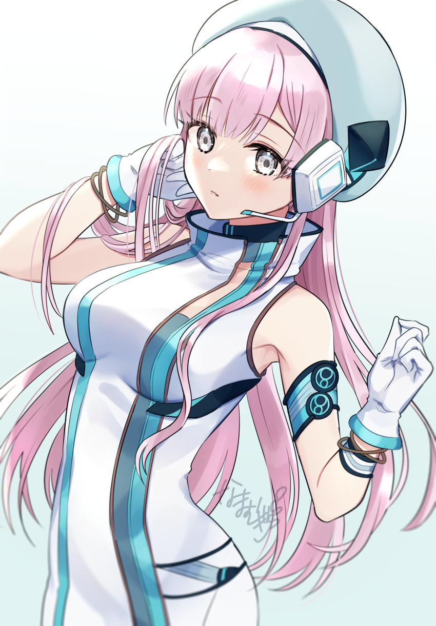 1girl absurdres bangs blush breasts commentary_request d4dj dress eyebrows_visible_through_hair gloves gradient gradient_background grey_background grey_eyes grey_headwear hands_up hat headphones headset highres izumo_saki long_hair looking_at_viewer medium_breasts mugi_(iccomae) parted_lips pink_hair sleeveless sleeveless_dress solo very_long_hair white_background white_dress white_gloves