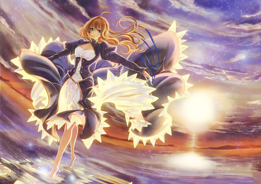 1girl absurdres ahoge artoria_pendragon_(fate) bangs blonde_hair blue_dress blue_ribbon blush closed_mouth clothing_cutout clouds dress eyebrows_visible_through_hair fate/grand_order fate/stay_night fate_(series) green_eyes hair_between_eyes hair_ribbon highres juliet_sleeves long_sleeves looking_at_viewer outdoors puffy_sleeves s:now saber short_hair sidelocks smile solo upper_body