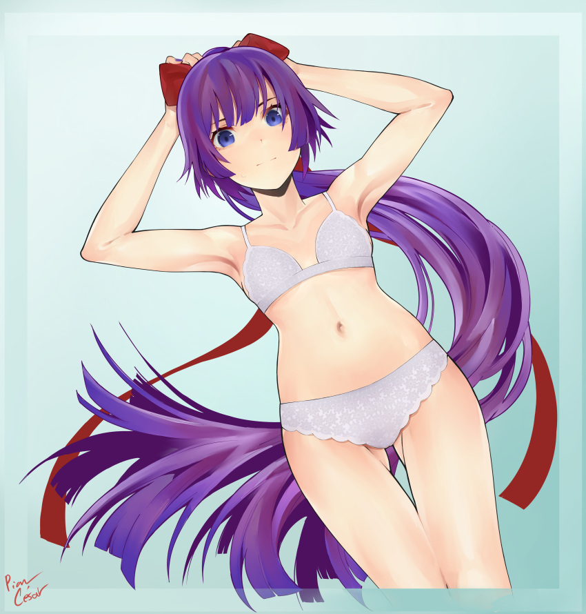 1girl absurdres alternate_costume aqua_background armpits arms_up ass_visible_through_thighs bakemonogatari bangs blue_eyes bra breasts collarbone colored_inner_hair english_commentary feet_out_of_frame frilled_bra frilled_panties frills gradient_hair hair_ribbon hands_on_own_head highres lingerie long_hair looking_at_viewer medium_breasts monogatari_(series) multicolored_hair navel panties piancaesar ponytail purple_hair purple_nails ribbon senjougahara_hitagi shiny shiny_skin sidelocks signature solo swept_bangs thighs underwear very_long_hair white_bra white_panties