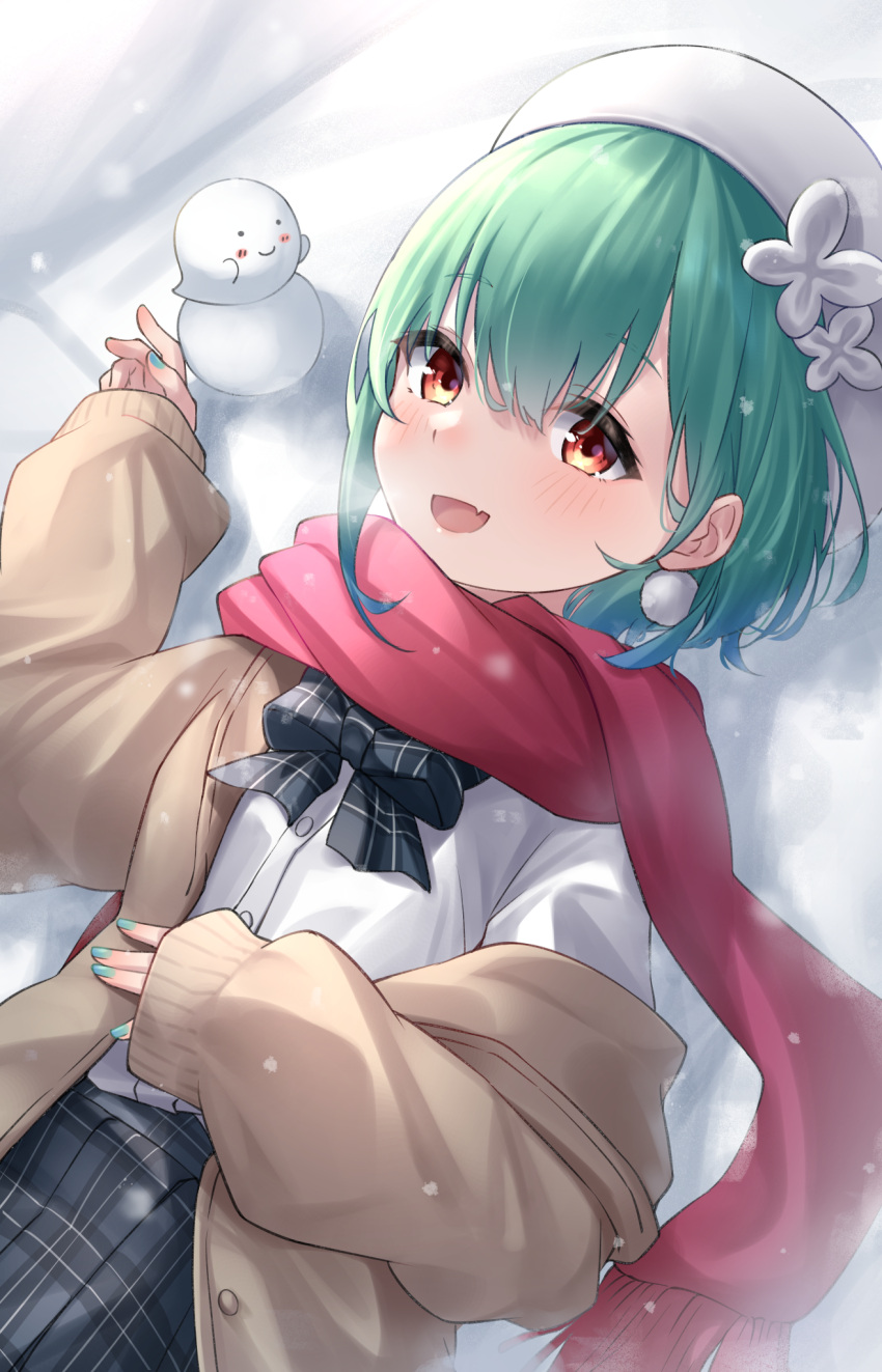 1girl :d bangs blue_hair blush bow bowtie brown_jacket commentary_request eyebrows_visible_through_hair fandead_(uruha_rushia) fang green_hair green_nails hair_between_eyes hair_ornament hand_on_own_stomach hat highres hololive jacket long_sleeves looking_at_viewer lying multicolored_hair nail_polish off_shoulder on_back open_clothes open_jacket plaid plaid_bow plaid_bowtie plaid_skirt pom_pom_(clothes) pom_pom_hair_ornament red_eyes red_scarf scarf shirt skin_fang skirt sleeves_past_wrists smile snowman solo streaked_hair tsurupy uruha_rushia virtual_youtuber white_headwear white_shirt