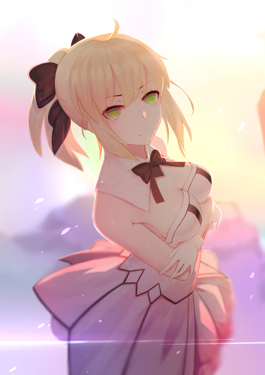 1girl artoria_pendragon_(all) black_bow blonde_hair bow breastplate dress eyebrows_visible_through_hair fate/grand_order fate/unlimited_codes fate_(series) faulds floating_hair gauntlets green_eyes hair_between_eyes hair_bow hands_on_hilt highres kugutsu_(pixiv12731361) long_hair looking_at_viewer outdoors petals ponytail saber_lily signature sleeveless sleeveless_dress solo standing white_dress