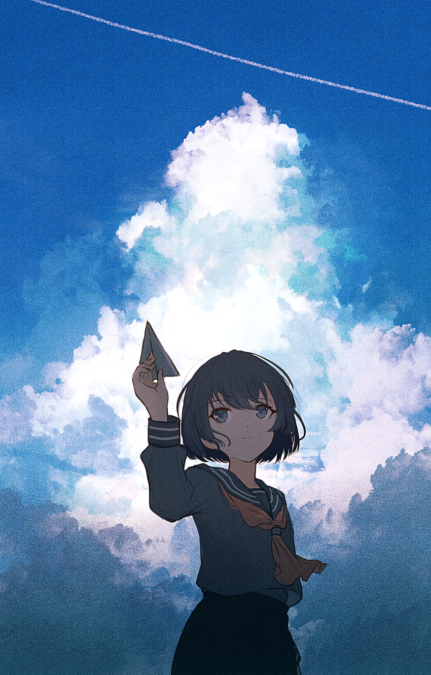 1girl absurdres arm_up ascot bangs black_eyes black_hair bob_cut closed_mouth clouds cloudy_sky commentary_request cowboy_shot film_grain flying_paper from_below hair_between_eyes highres holding looking_up messy_hair mifuru one-hour_drawing_challenge original outdoors paper red_ascot sailor_collar scenery school_uniform serafuku short_hair sky smile standing